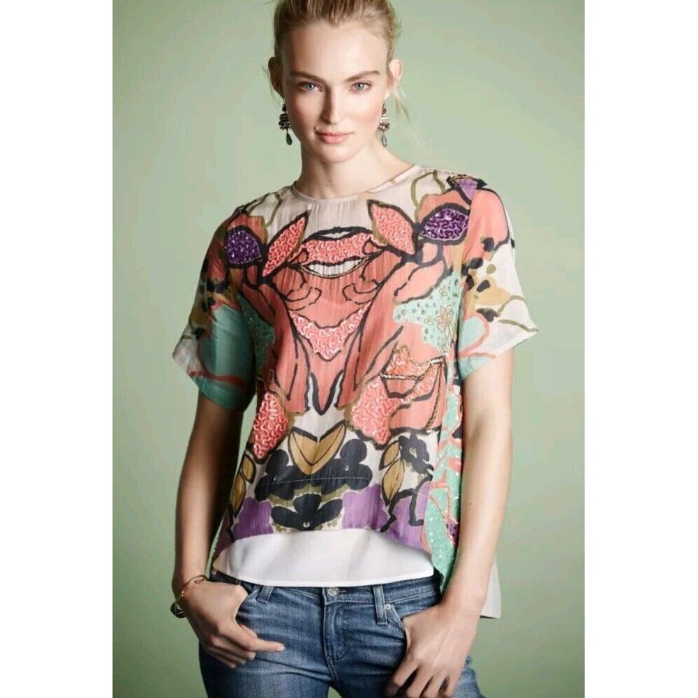 Essentiel‎ Beach Women's Silk Blend Top EU42 Large Floral Tan Shirt Sequence